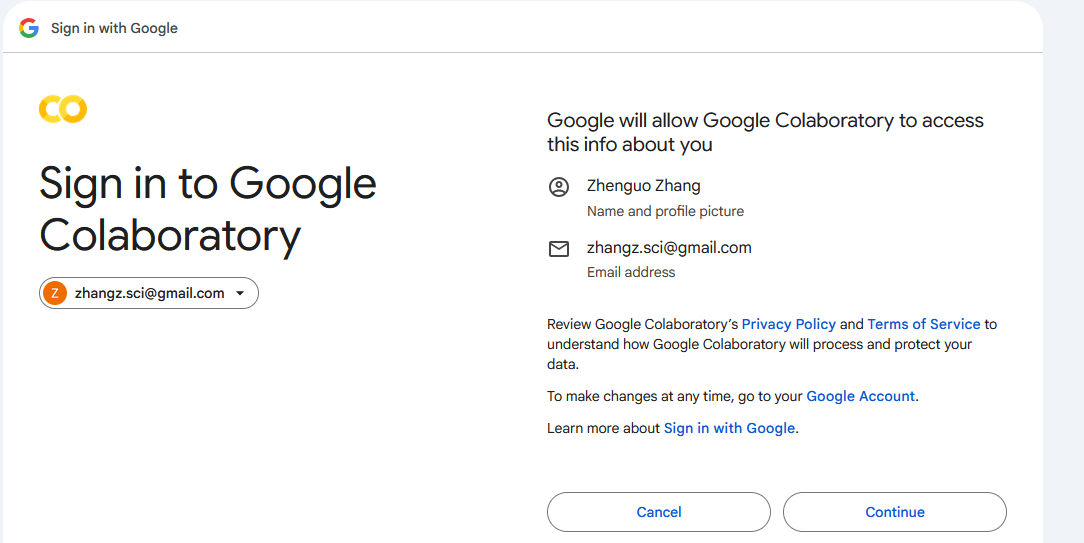 Colab sign in screenshot