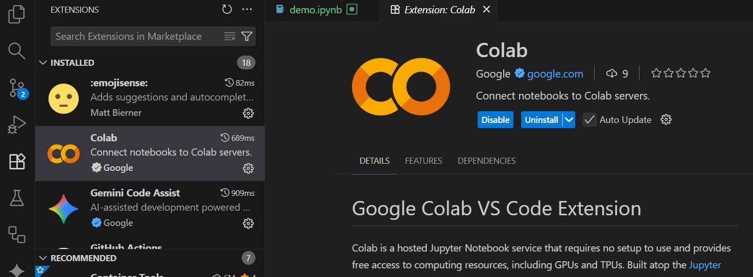 Colab extension screenshot